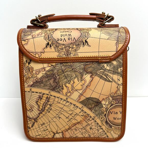 Anthropologie Taurus Leather Handbag Brown Map Print Top Handle - Picture 8 of 9